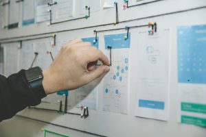 Hand on whiteboard pinning lines to a flow chart