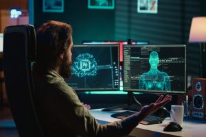 Man at ITSM desk looking into two screens at AI